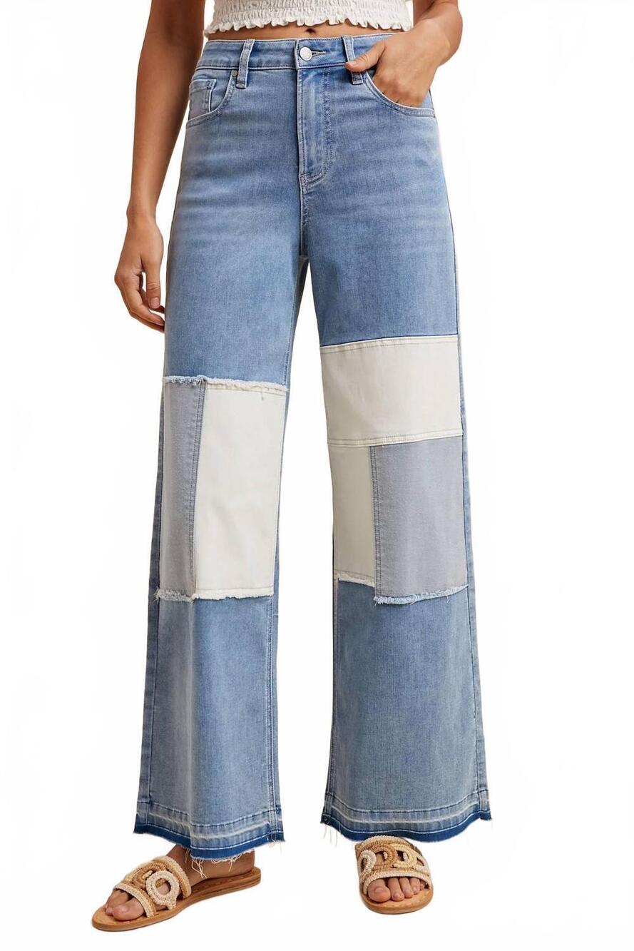 NEW ANNIEWEAR comfort stretch patchwork wide leg jeans in blue